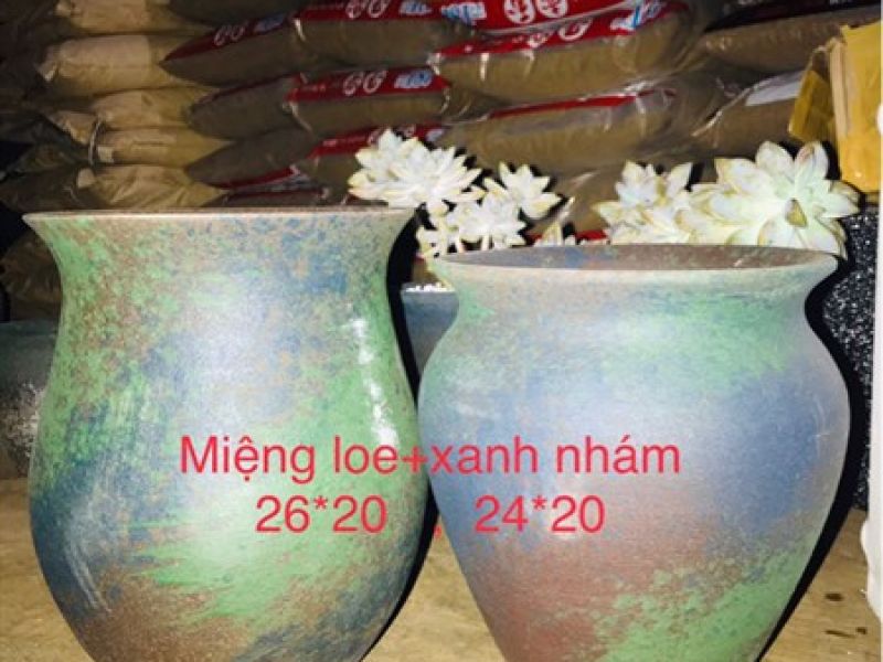 Chậu gốm miệng loe xanh nhám